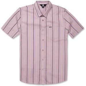 NWT Volcom Men Size M Purple Yellow Striped Warbler Short Sleeve Woven Button Up